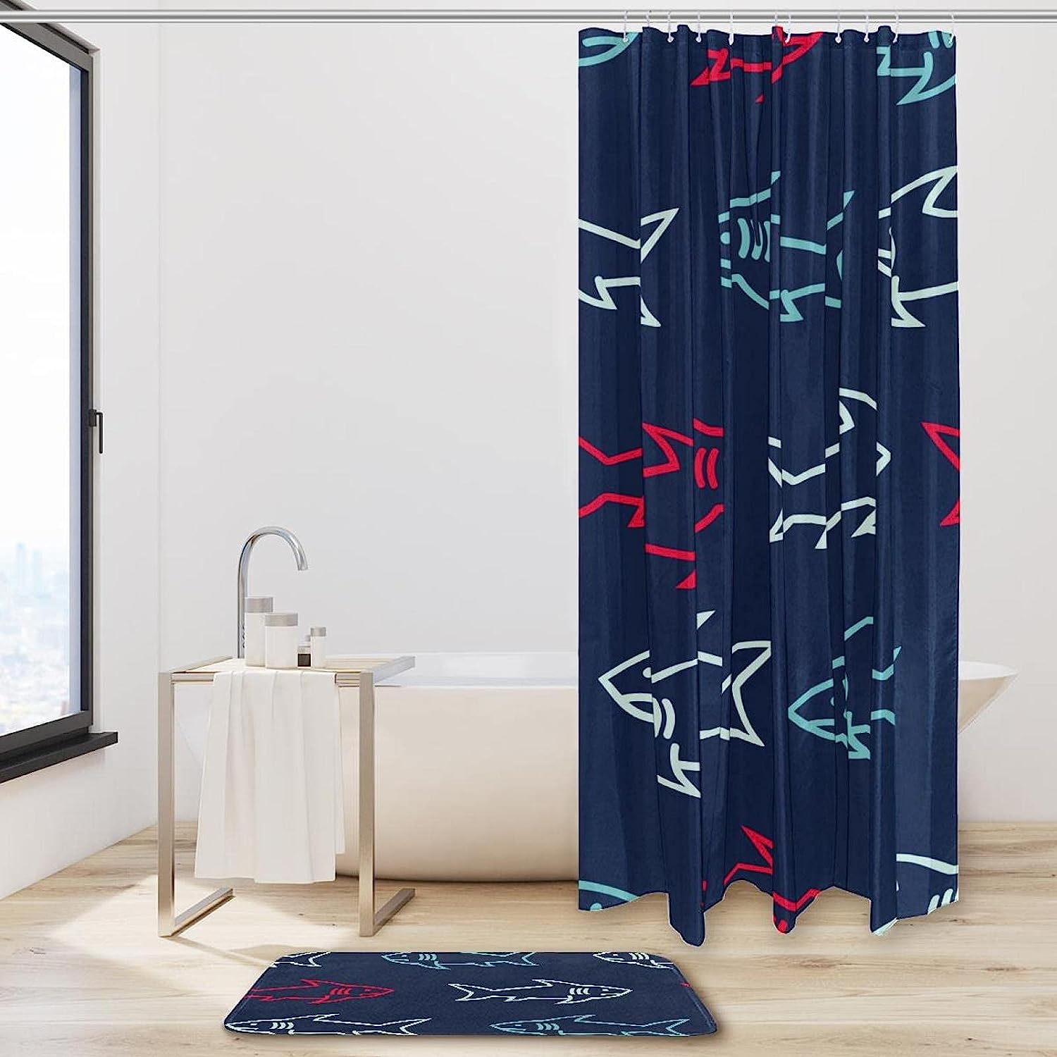 Oceanic Sharks And Sea Creatures Shower Set With Waterproof Fabric And Bath Accessories - Image 2