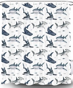 Oceanic Toile Shark Fabric Shower Curtain, Waterproof Fish Bathroom Decor