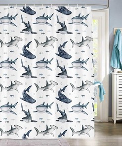 Oceanic Toile Shark Fabric Shower Curtain, Waterproof Fish Bathroom Decor