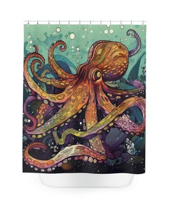 Octo Deep Bubbles Octopus Sea Creature Shower Curtain, Underwater Bathroom Decor