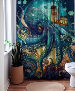 Octo Delight Octopus Sea Creature Shower Curtain, Underwater Bathroom Decor