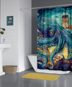 Octo Delight Octopus Sea Creature Shower Curtain, Underwater Bathroom Decor