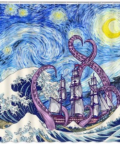 Octopus Adventure Shower Curtain with Sailboat Tentacles for Nautical Bathroom Decor