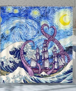 Octopus Adventure Shower Curtain with Sailboat Tentacles for Nautical Bathroom Decor