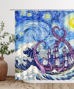 Octopus Adventure Shower Curtain with Sailboat Tentacles for Nautical Bathroom Decor