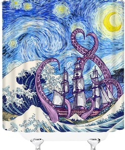 Octopus Adventure Shower Curtain with Sailboat Tentacles for Nautical Bathroom Decor
