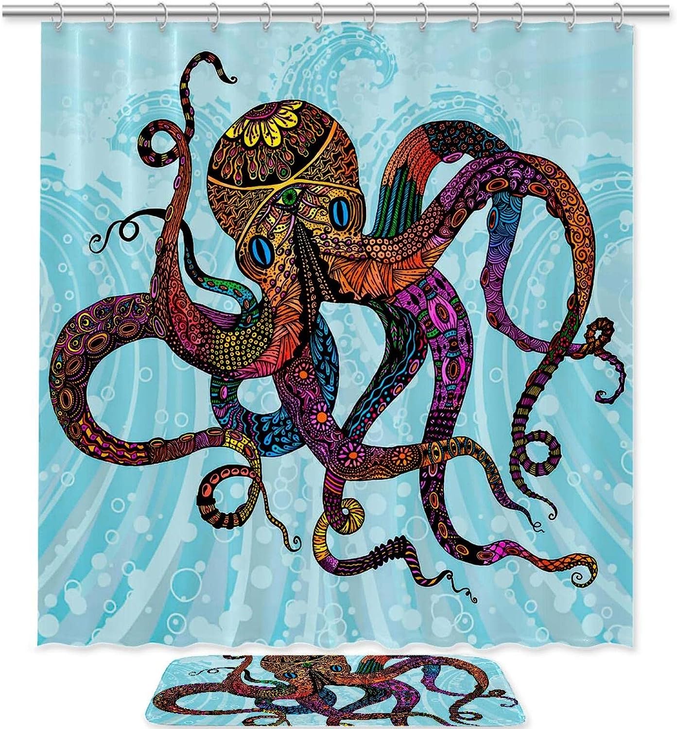 Octopus Blue Printed Bathroom Tub Set With Waterproof Fabric Shower Curtain