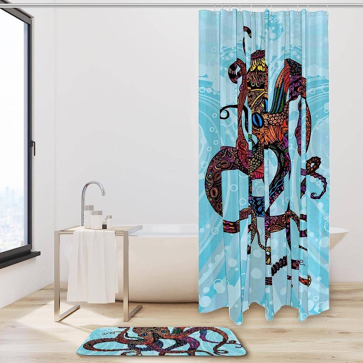 Octopus Blue Printed Bathroom Tub Set With Waterproof Fabric Shower Curtain - Image 2