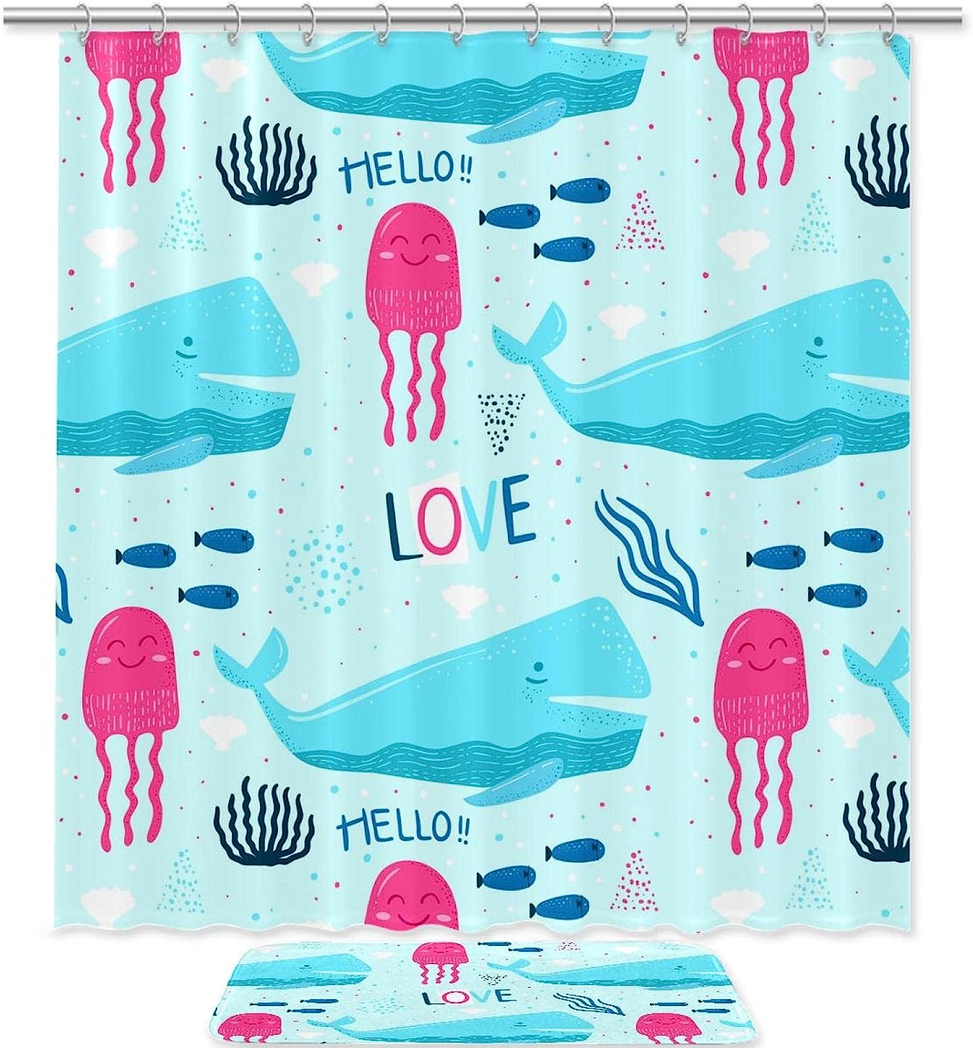 Octopus Blue Whale Shower Curtain for Sea Life Bathroom Theme