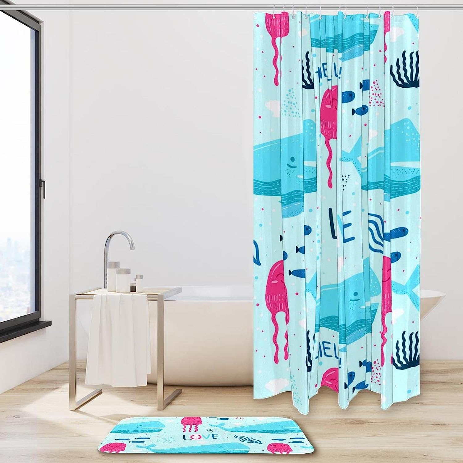 Octopus Blue Whale Shower Curtain for Sea Life Bathroom Theme