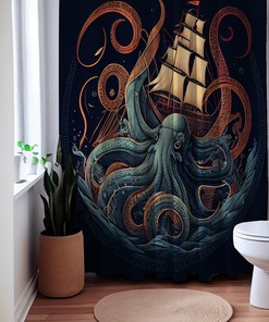 Octopus Kraken Shower Curtain, Sea Monster Bath Curtain for an Ocean-Inspired Bathroom 