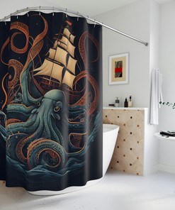 Octopus Kraken Shower Curtain, Sea Monster Bath Curtain for an Ocean-Inspired Bathroom