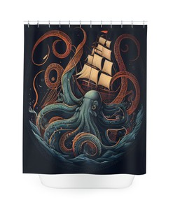 Octopus Kraken Shower Curtain, Sea Monster Bath Curtain for an Ocean-Inspired Bathroom 
