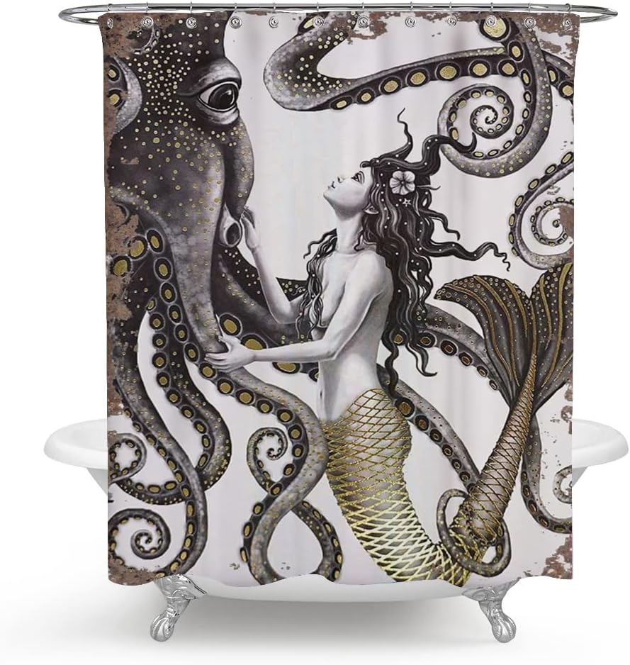 Octopus Mermaid Shower Curtain, Kraken Tentacles and Ocean Design for Bathroom