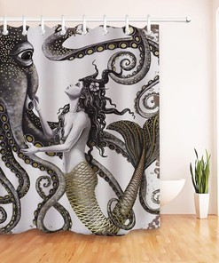 Octopus Mermaid Shower Curtain, Kraken Tentacles and Ocean Design for Bathroom