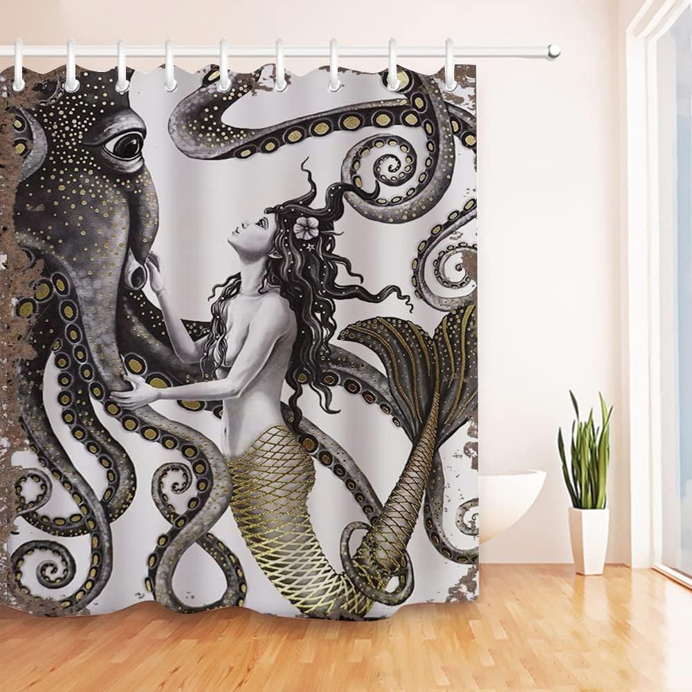 Octopus Mermaid Shower Curtain, Kraken Tentacles and Ocean Design for Bathroom