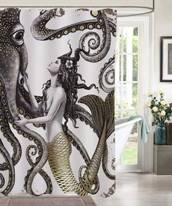Octopus Mermaid Shower Curtain, Kraken Tentacles and Ocean Design for Bathroom