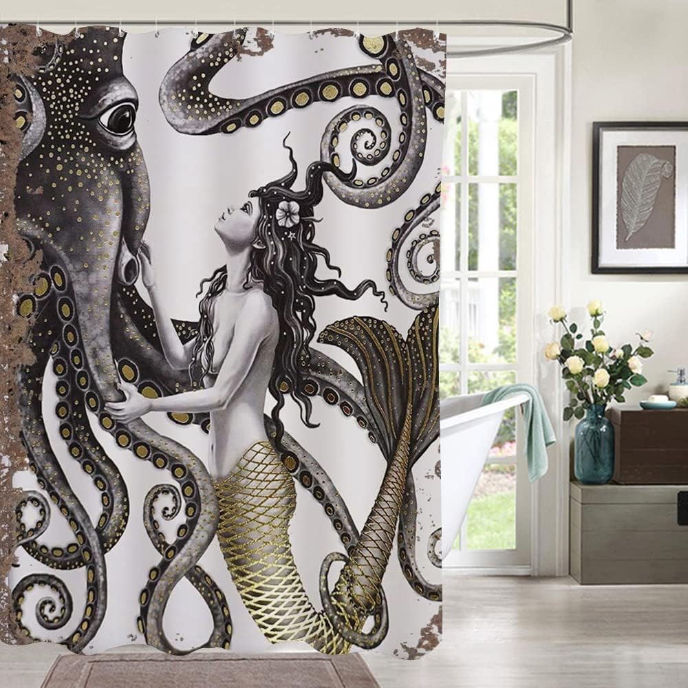 Octopus Mermaid Shower Curtain, Kraken Tentacles and Ocean Design for Bathroom