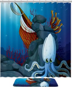Octopus Near The Wrecked Ship Bathroom Shower Curtain for Adventure Lovers