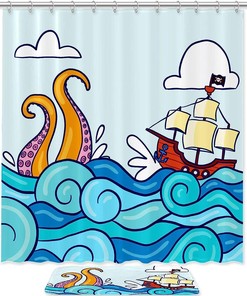 Octopus Pirate Vintage Bathroom Shower Curtain