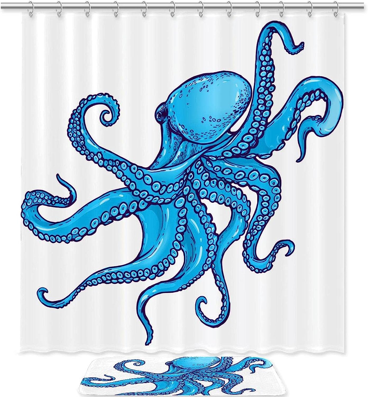 Octopus Sea Blue Printed Bathroom Tub Set With Waterproof Fabric Shower Curtain