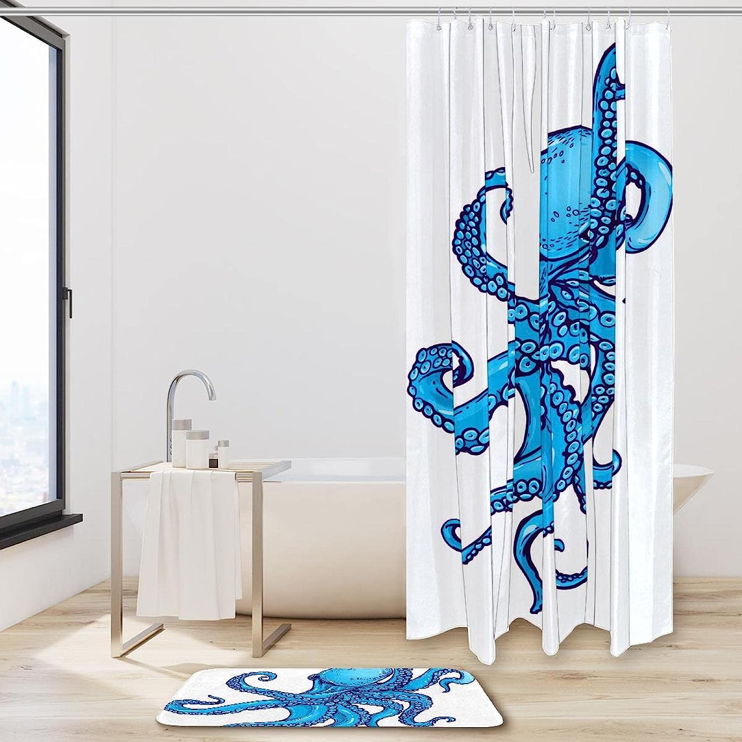 Octopus Sea Blue Printed Bathroom Tub Set With Waterproof Fabric Shower Curtain - Image 2