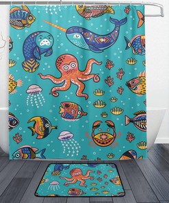 Octopus Seal Narwhal Fish Cartoon Print Shower Curtain, Waterproof Bathroom Decor