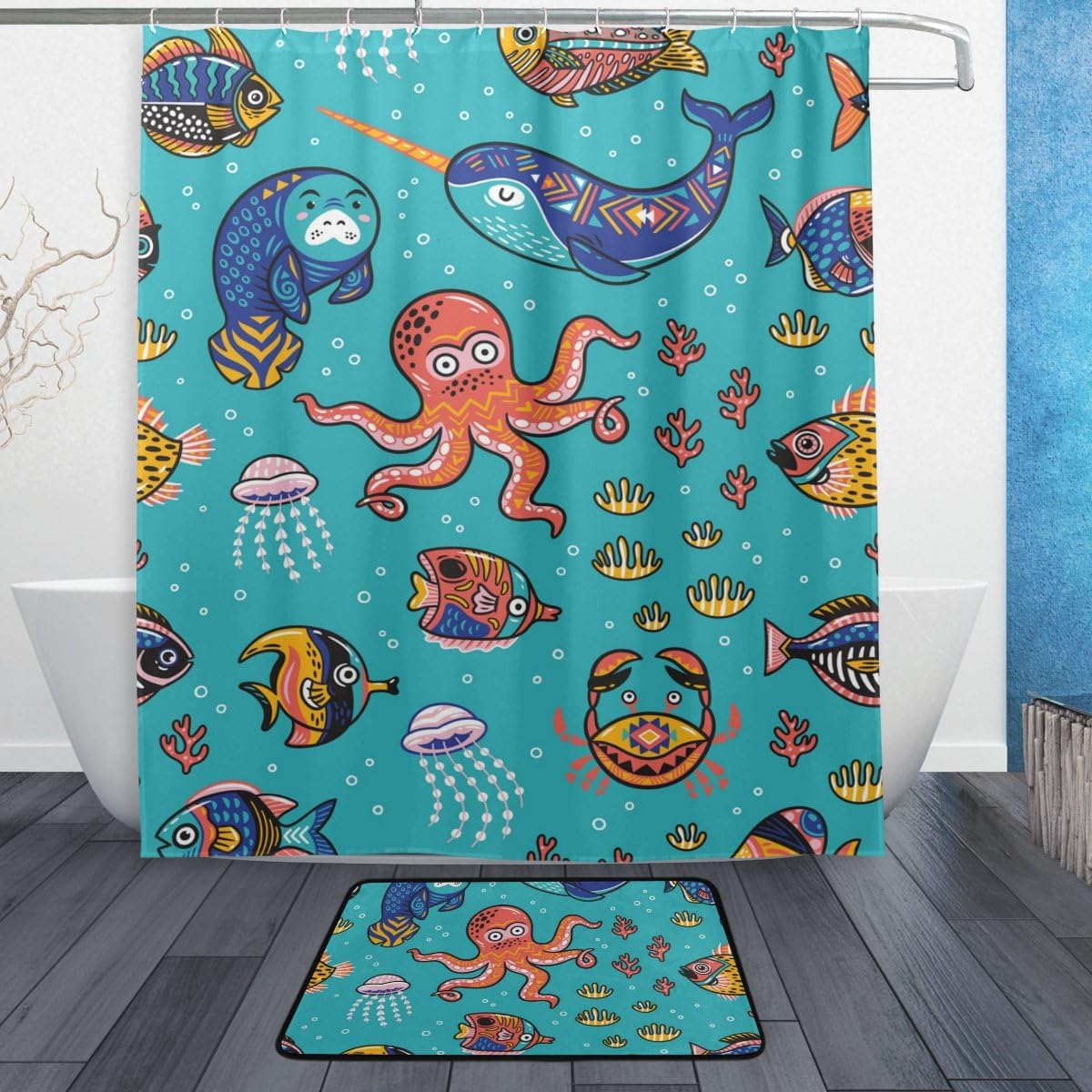 Octopus Seal Narwhal Fish Cartoon Print Shower Curtain, Waterproof Bathroom Decor