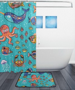 Octopus Seal Narwhal Fish Cartoon Print Shower Curtain, Waterproof Bathroom Decor