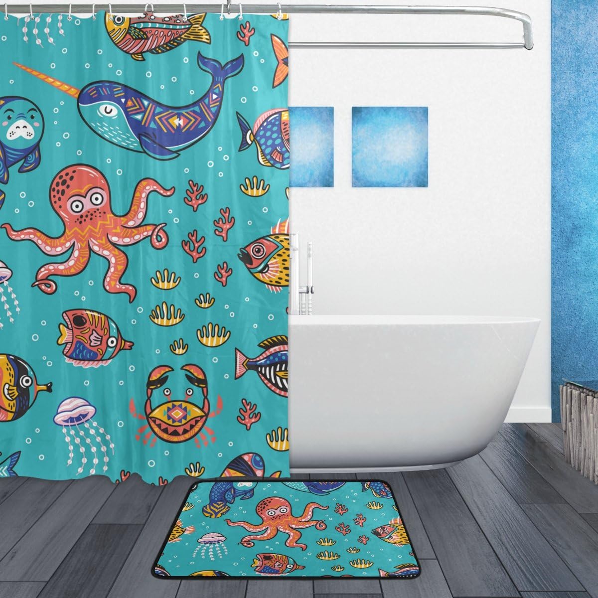 Octopus Seal Narwhal Fish Cartoon Print Shower Curtain, Waterproof Bathroom Decor