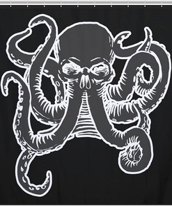Octopus Tattoo Style Skull Print Shower Curtain for a Nautical and Eerie Bathroom