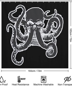 Octopus Tattoo Style Skull Print Shower Curtain for a Nautical and Eerie Bathroom