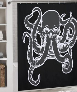 Octopus Tattoo Style Skull Print Shower Curtain for a Nautical and Eerie Bathroom