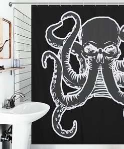Octopus Tattoo Style Skull Print Shower Curtain for a Nautical and Eerie Bathroom