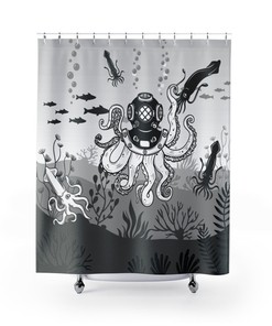 Octopus Underwater World Shower Curtain for Seaside Bathroom Decor