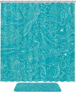 Octopus Whale Blue Tortoise Ocean Print Shower Curtain with Bath Accessory Set