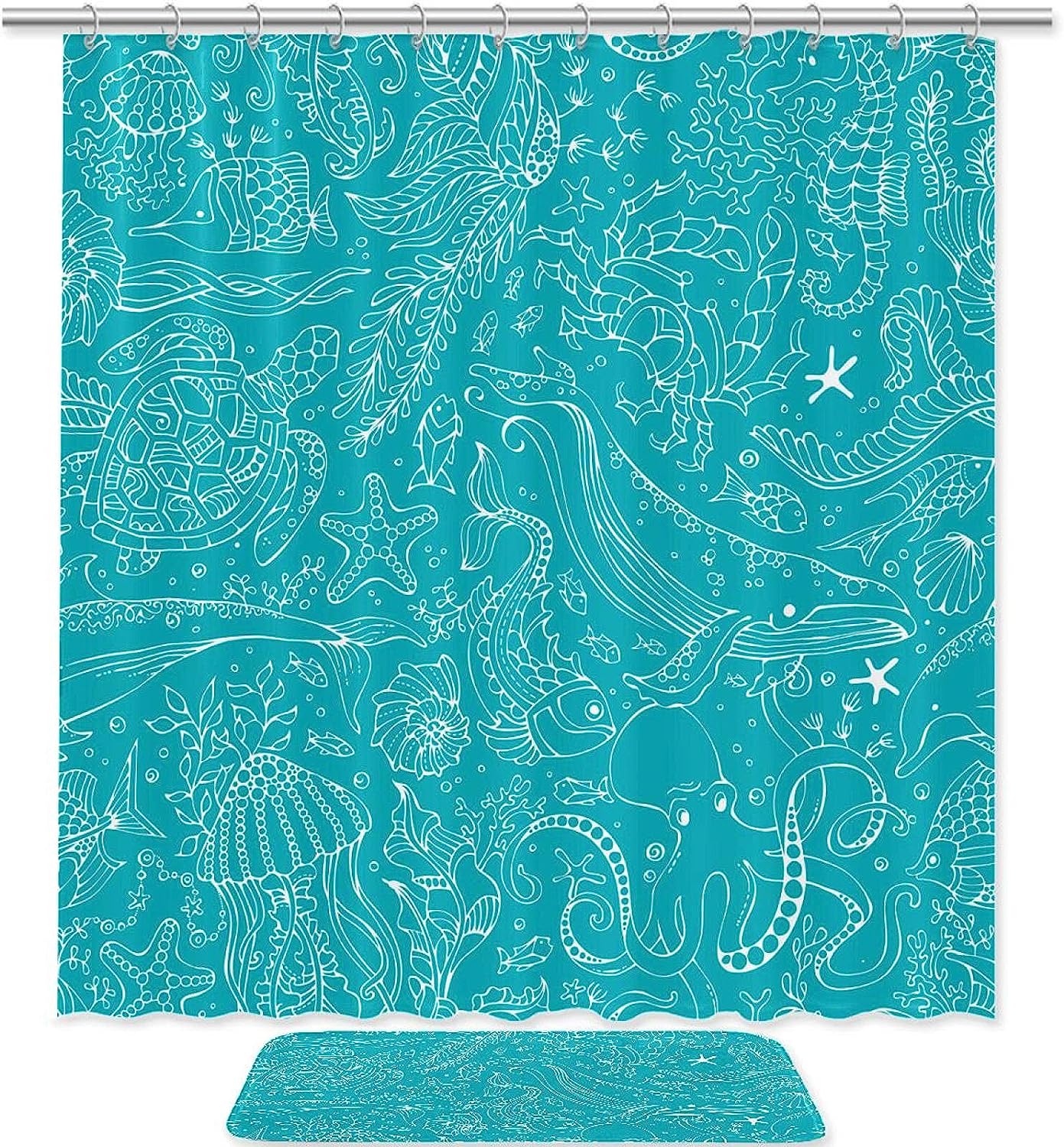 Octopus Whale Blue Tortoise Ocean Print Shower Curtain with Bath Accessory Set