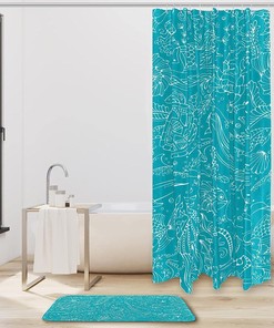Octopus Whale Blue Tortoise Ocean Print Shower Curtain with Bath Accessory Set