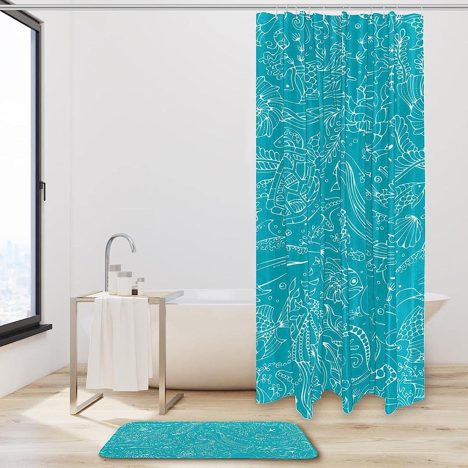 Octopus Whale Blue Tortoise Ocean Print Shower Curtain with Bath Accessory Set