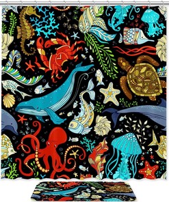 Octopus Whale Ocean Print Shower Curtain with Matching Mat for Bathroom