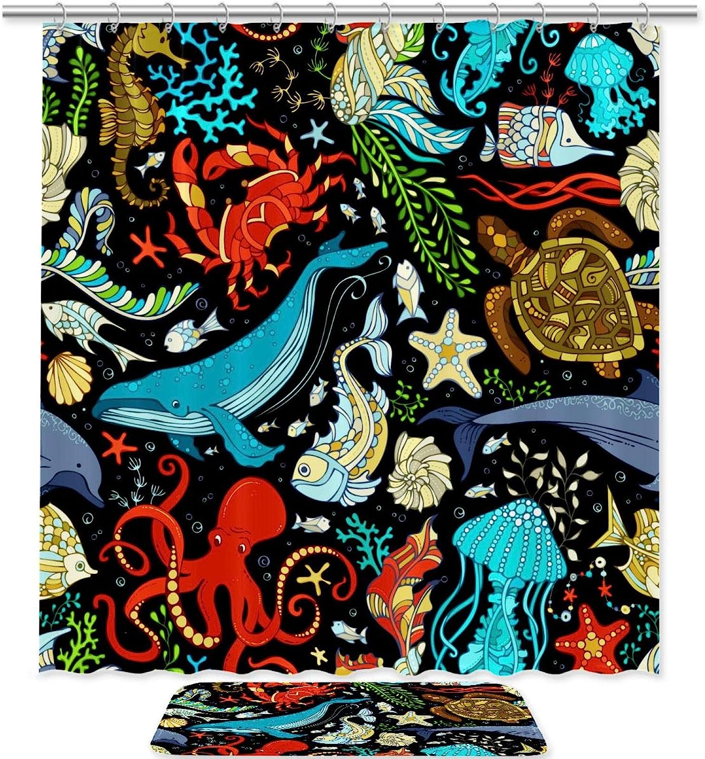 Octopus Whale Ocean Print Shower Curtain with Matching Mat for Bathroom