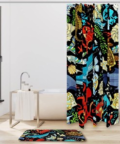 Octopus Whale Ocean Print Shower Curtain with Matching Mat for Bathroom