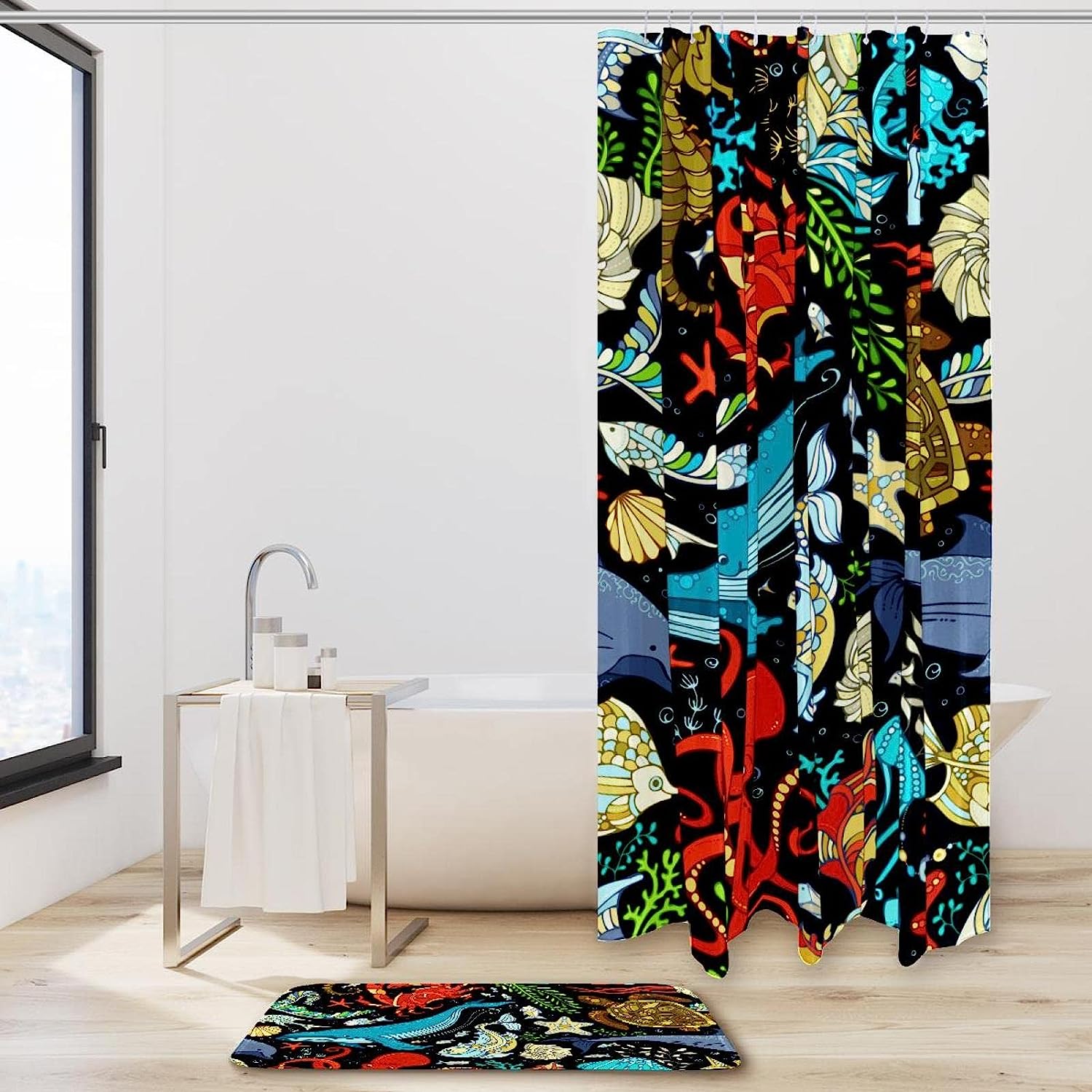 Octopus Whale Ocean Print Shower Curtain with Matching Mat for Bathroom