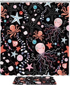 Octopus and Jellyfish Sea Ocean Print Waterproof Fabric Shower Curtain