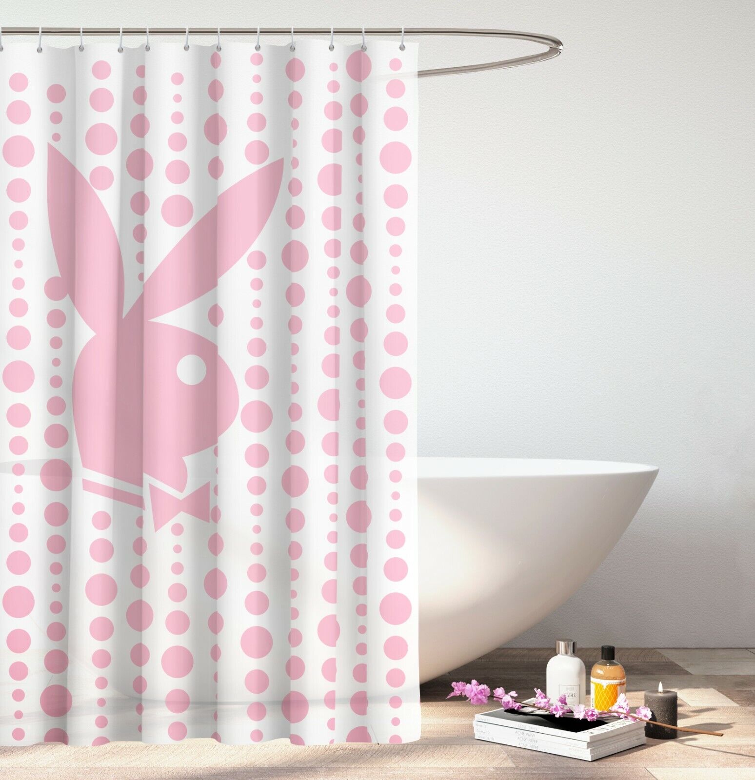 Official Playboy Bunny Pink Water Resistant Shower Curtain Large Included Bathroom Decor