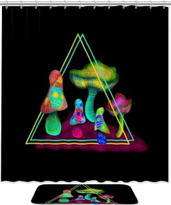Oil Painting Colorful Mushrooms Printed Bathroom Tub Set With Waterproof Fabric Shower Curtain