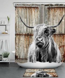 Old Barn Door And Highland Cow Printed Shower Curtain For Farmhouse Bathroom