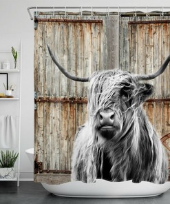 Old Barn Door And Highland Cow Printed Shower Curtain For Farmhouse Bathroom