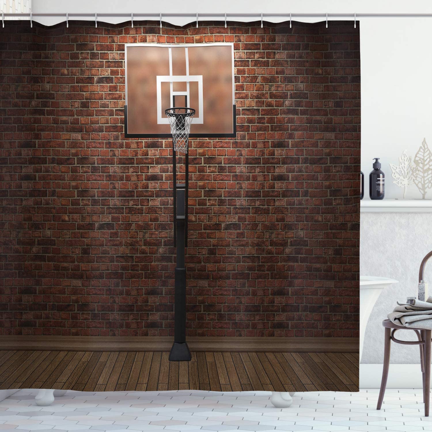 Old Brick Wall And Basketball Hoop Shower Curtain In Brown