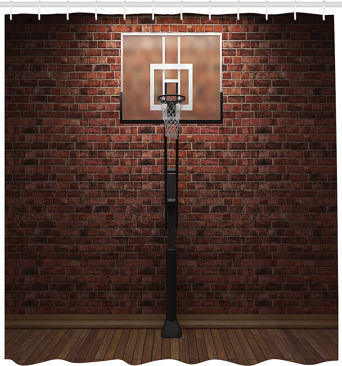 Old Brick Wall And Basketball Hoop Shower Curtain In Brown - Image 2